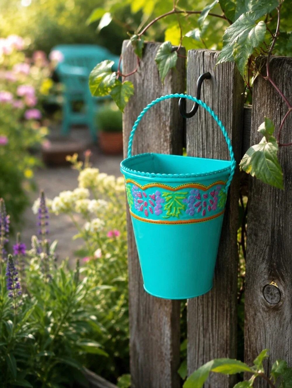 Teal Hand Painted Upcycled Hanging Metal Planter Bucket